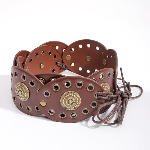 Western Chunky Wide Disc Belt for Women Plus-Size Boho Hollow PU Leather Lace-up Cowgirl Waist Belt for Dresses Jeans4