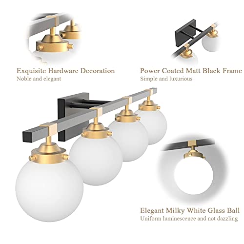 Tipace 4 Lights Mid Century Modern Bathroom Vanity Light Fixtures Over Mirror,Black/Golden Vanity Lights With Milk White Glass Globe For Bathroom(Exclude Bulb) #TOP6