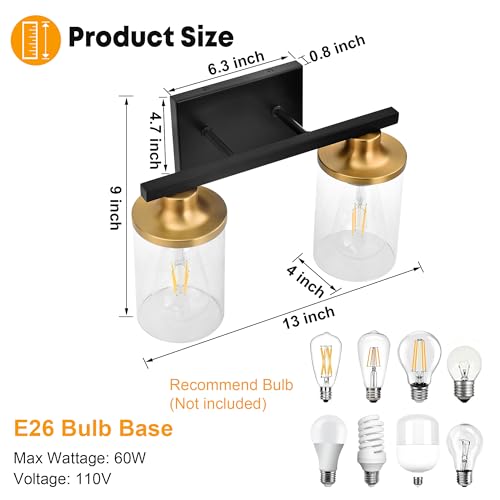 GROWER 2 Lights Bathroom Light Fixtures, Black and Gold Vanity Light - image 4