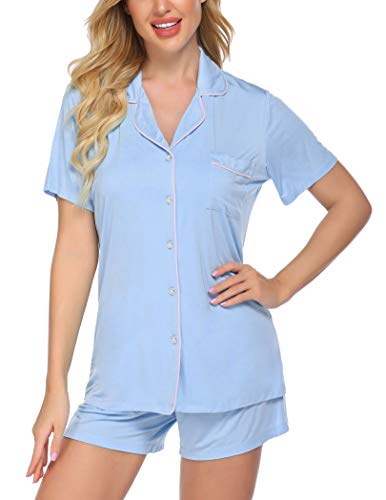 Ekouaer Women's Sleepwear Short Sleeve Night Wear Button Down Summer Pajama Set with Pockets (Light Sky Blue, X-Large)