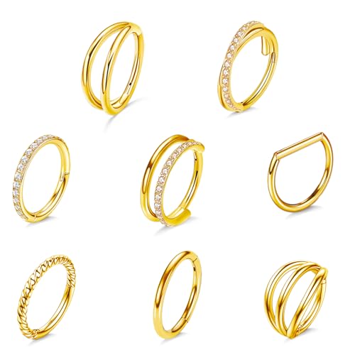 8 Pcs Nose Rings Hoops 316L Surgical Steel Septum Rings CZ Opal Twisted Clicker Nose Rings Hoop Helix Cartilage Daith Tragus Sleeper Earrings Body Piercing for Women Men Silver Gold Hinged Segment Septum jewelry 8mm/10mm (Golden 10mm Style 1)