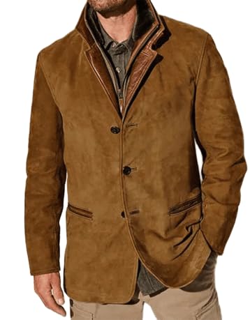Fall Jackets for Men Casual Blazer Lapel Button Faux Suede Sport Coat Pockets Zip Outwear