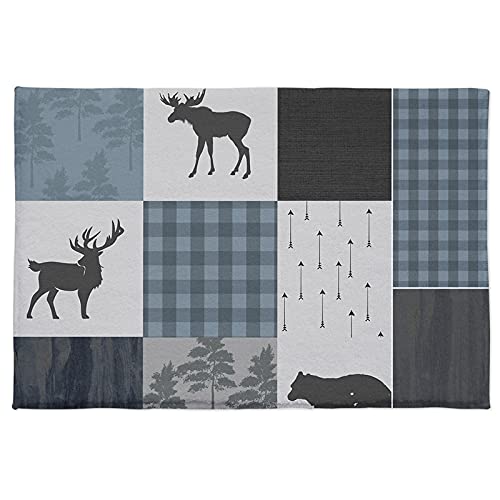 Shag Door Mats Bath Rugs Rustic Woods Moose Bear Blue Buffalo Plaid,Plush Doormats Non Slip Carpet Field Forest Retro Animal Wood Grain,Shaggy Fuzzy Area Throw Rug For Kitchen/Bathroom 18X30In #TOP1