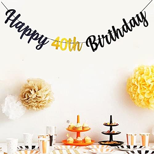40th Birthday Banner Happy 40th Birthday Bunting Black and Gold Glitter Large Hanging Letter Banner for 40 years old Birthday Anniversary Party Decorations Photo Backdrop