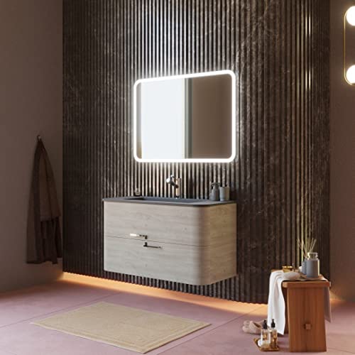 Kiamami Valentina Mueble suspendido de baño 100 cm Roble ártico Lavabo de Resina Negro | Hollywood