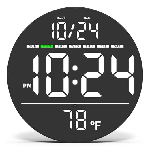 Digital Wall Clock with Large LED Display, Auto-Brightness, Temperature, Low-Reflectivity, Small Silent Non-Ticking Modern Electric Wall Clock for Bedroom, Living Room, Office, Classroom, Farmhouse