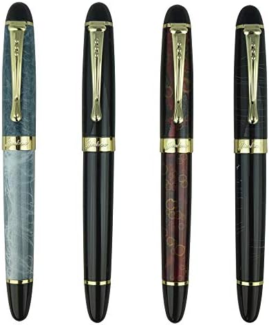 Jinhao 4 PCS X450 Fountain Pen Set, 4 Colors (Blue, Black, Red, Ice Cracks), Medium Nib With Ink Converter, Golden Trim, Gift Case