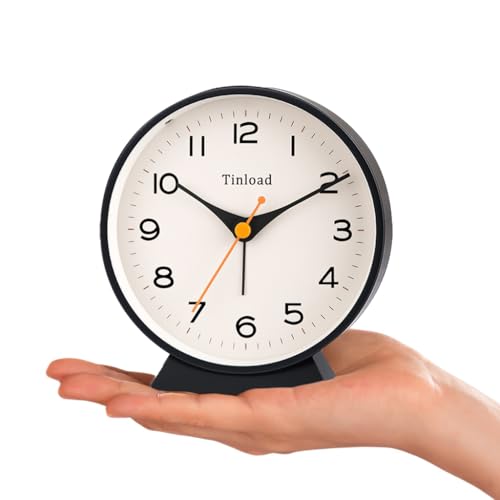 Image of Tinload 4.5 inch Battery Operated Retro Analog Alarm Clock, Small Silent Bedside Desk Clock,Lighted on Demand, Battery Operated, Snooze, for Living Room, Bedroom, Bedside, Desk(Black)