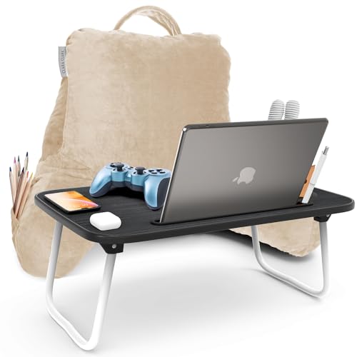 Clara Clark Reading Pillow with Portable Lap Desk Set for Kids, Back Pillow for Sitting Up in Bed, Memory Foam Back Support Pillow, Bed Rest Pillow with Foldable Laptop Desk, Small - Beige Cream