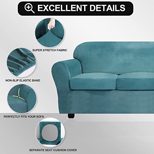Festicorp Velvet Sofa Covers For 2 Cushion Couch Sofa Slipcovers For 2 Seat Cushion Couch, Stretch Love Seat Couch Covers, 3 Piece Couch Cover, Thick Furniture Covers For Dogs Pets, Peacock Blue #TOP1