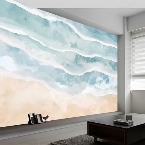 Papier peint photo abstrait aquarelle panoramique 98x69 pouces décor mural vagues plage