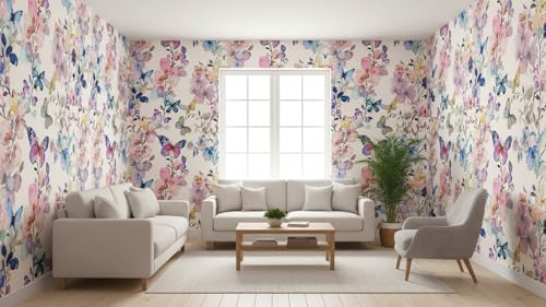 Image of Watercolor Butterfly and Floral Wallpaper,Pink and Blue, Self-Adhesive Peel and Stick Contact Paper Wall Stickers for Girls' Room Nursery Decor Cafe Walls, Hotel,Bedroom (45X300 CM)