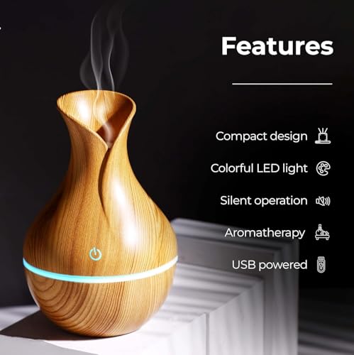 Image of Aroma Diffuser Humidifier with LED Light Ring, Wood Grain Design, USB Powered Mist Diffuser for Essential Oil and Water (Light Brown Vase)
