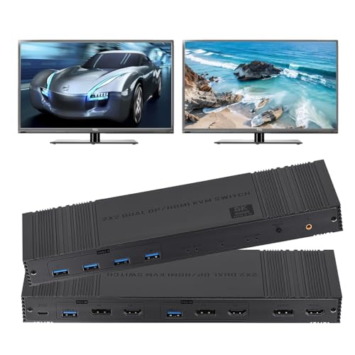 HDMI Displayport KVM Switch 2 Computers 2 Monitors, 8K@60Hz 4K@120Hz KVM Switcher for 2 PCs Share Dual Monitors and 4 USB 3.0 Devices for Keyboard, Mouse, Printer (IR Remote Control)