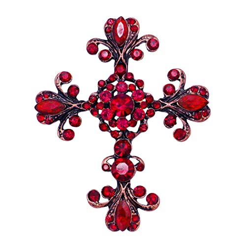 Rosemarie's Religious Gifts Women's Vintage Vibes Stunning Crystal Rhinestone Christian Cross Brooch, 2.75 (Red Crystal Copper Tone) #TOP15