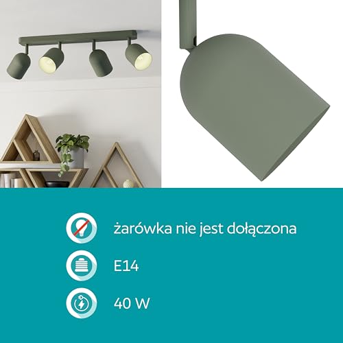 EGLO Tilston Lampa sufitowa 4-żarówkowa, reflektor sufitowy do salonuowa oprawa podsufitowa ze stali w kolorze ciemnozielonym E14