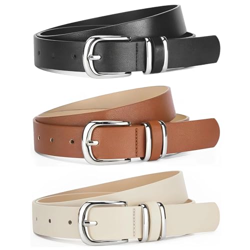 Dwitkul 3 Stück Gürtel Leder Damen Ledergürtel Damengürtel mit Silberner Metallschnalle Taillengürtel Mode Leder Taille Gürtel für Frauen Jeans Hosen Kleider (Schwarz, Braun, Beige) (Stil B)