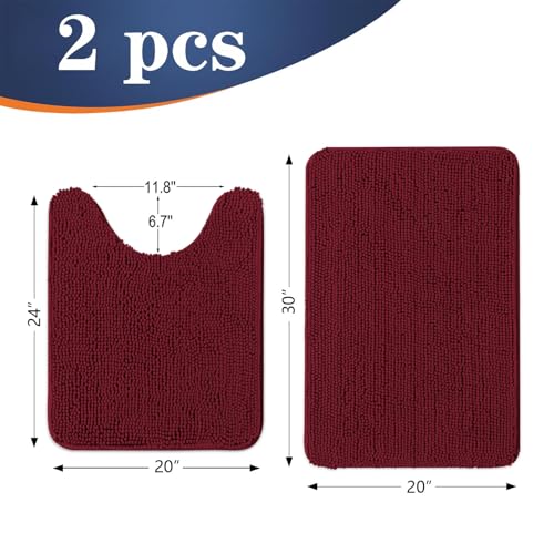Image of OLANLY Bathroom Rugs Sets 2 Piece, Soft Absorbent Chenille Bath Mats and U-Shaped Contour Toilet Mat Area Rug Set, Machine Washable Bath Carpet, Home Decor Accessories(30 inchx20 inch+24 inchx20 inch, Burgundy)