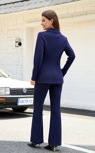 Agenlulu Women\'s 2 Piece Suits Business Casual Outfits Long Sleeve Solid Blazer Pantsuits Professional Office Work Sets Navy Blue - Thumbnail 3