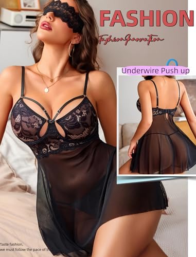Avidlove Sexy Lingerie for Women V Neck Sheer Mesh Lace Underwire Push Up Babydoll Lingerie Dress Black M — view 3