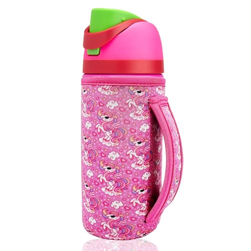 16 oz Cute Printed Sleeve Compatible for Owala Kids FreeSip Neoprene Water Bottle Compatible with Owala 16 Ounces Protective Cover With Handle Designed for Boys Girls Travel School（Rose Red Unicorn）