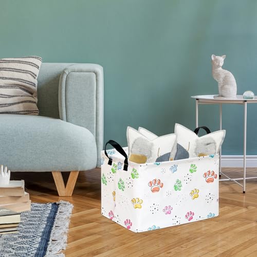 Image of Baby Storage Basket,Colorful Dog Paw Print,Waterproof Lining, Leather Handles, Collapsible for Kids Toys, Pets Supplies, Gift Basket