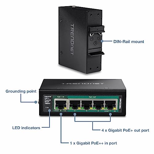 Image of TRENDnet 5-Port Industrial Gigabit PoE++ Powered DIN-Rail Switch with PoE Pass-Through, TI-B541, Ethernet Splitter, 65W Power Budget, NDAA & TAA Compliant, Lifetime Protection, Black