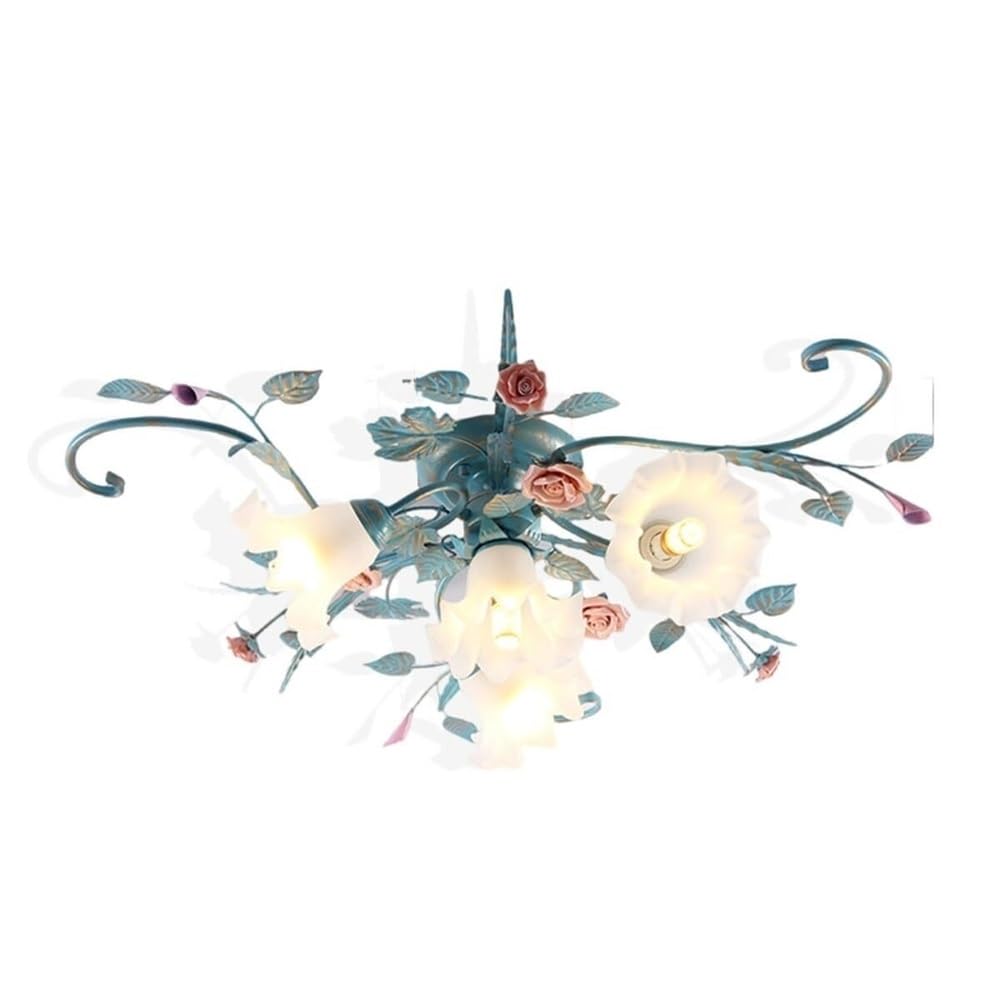 LYOUAE French Country Wrought Iron Ceiling Lamp Retro Romantic Flower Ceiling Light