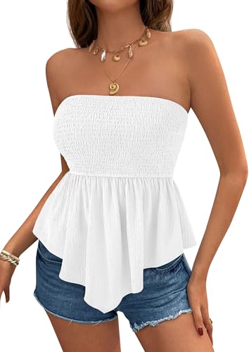 PRETTYGARDEN Women's Strapless Smocked Tube Tops Summer 2026 Trendy Flowy Peplum Bandeau Shirts Going Out Date Spring Clothes (White,XX-Large)