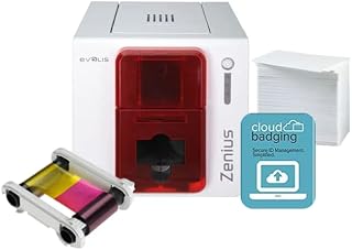 Evolis Zenius Expert ID Card Printer SingleSided -FireRed- ZN1H0000RS w/Evolis R5F002AAA Color Ribbon- YMCKO - 200 prints, Premium White Blank Plastic CR80 30 Mil PVC Cards 500 Pack,&CloudBadging Lite