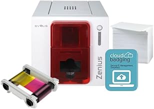 Evolis Zenius Expert ID Card Printer SingleSided -FireRed- ZN1H0000RS w/Evolis R5F002AAA Color Ribbon- YMCKO - 200 prints, Premium White Blank Plastic CR80 30 Mil PVC Cards 500 Pack,&CloudBadging Lite