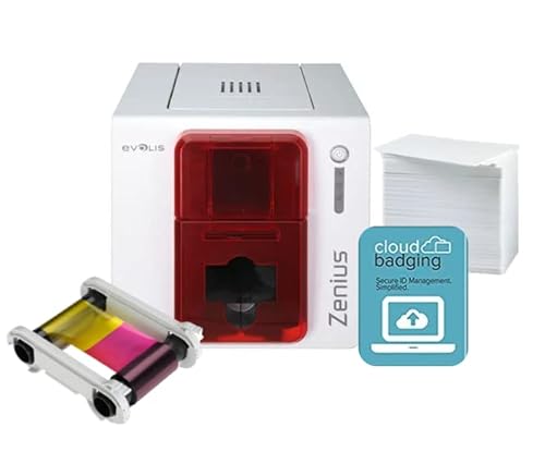 Evolis Zenius Expert Id Card Printer Singlesided -Firered- Zn1H0000Rs W/Evolis R5F002Aaa Color Ribbon- Ymcko - 200 Prints, Premium White Blank Plastic Cr80 30 Mil Pvc Cards 500 Pack,&Cloudbadging Lite #TOP5