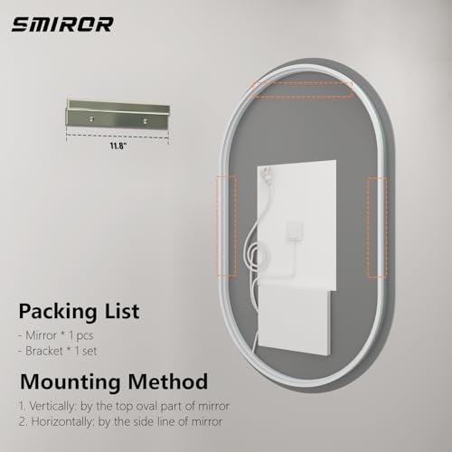 Image of SMIROR Oval Backlit LED Bathroom Mirror, 40x24 Pill-Shaped Lighted Vanity Mirror with Lights for Wall, Dimmable, 3 Colors Lighting, Anti-Fog, Memory Function (Horizontal /Vertical)