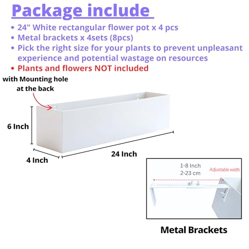 LaLaGreen Planter Boxes Outdoor (24 Inch, 4 Pack) White Metal Rectangular Railing Flower Box with Brackets, Deck Railings Planters Fence Balcony Patio Porch Plant Holder Stylish Garden Decor Over Rail by LáLáGreen - Image 2
