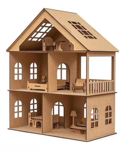Image of Panda World Wooden Toy House with Furniture for Kids, Doll House, Miniature Toy Building, DIY Construction Kit with Assembly Instructions, Wooden Doll House for Girls and Boys
