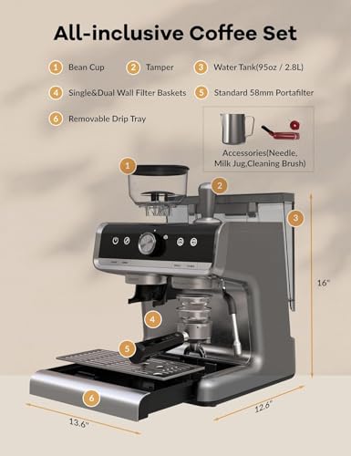 Aptliton Espresso Coffee Machine with Grinder & Milk Frother – 20 Bar Pump, 30 Grind Settings, 2.8L Water Tank, PID Temperature Control, Cappuccino & Latte Maker for Home - Image 7