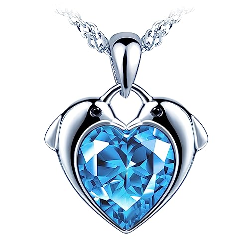 Yumilok Femmes Filles Collier Pendentif Cœur en Argent 925 Pendentif de Dauphin Serti de Zircon Bleu Brillant Collier Diamant Elégant de Mariage Bijoux Fantaisie