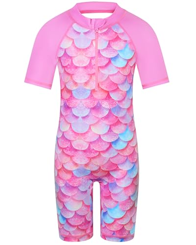 Image of TFJH E 1PCS Girls Short Sleeve Swimsuits UV 50+ Bathing Suits Sunsuits Zipper 2-14Y