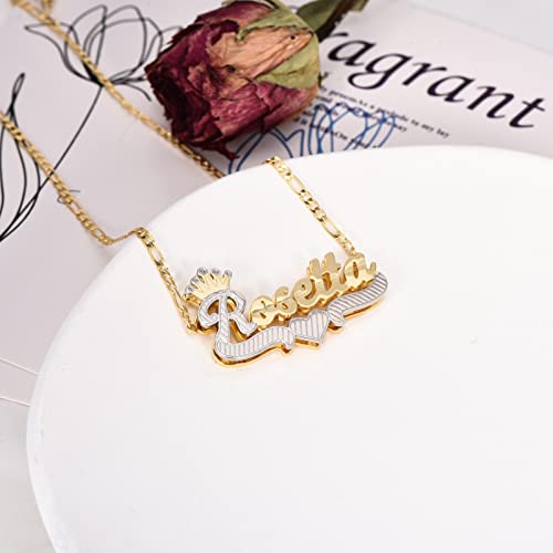 Cfustiy Crown Personalized Double Plated Name Necklace 18K Gold-Plated Customized Nameplate Necklace With Heart Two Tone Name Necklace Jewelry Gift For Women Men Teen Girls Birthday #TOP2