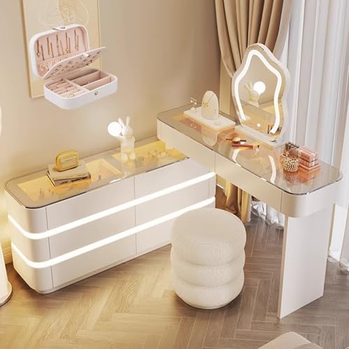 LVYWEX Tavolo da toeletta, scrivania da toeletta con 8 cassetti e sgabello, luci a LED e presa di corrente, per camera da letto