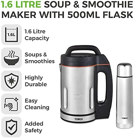 Tower T12055 Soup & Smoothie Maker with Intelligent Control System and Stainless Steel Jug and Blade, Includes 500ml Flask, 1000W, 1.6 Litre, Stainless Steel