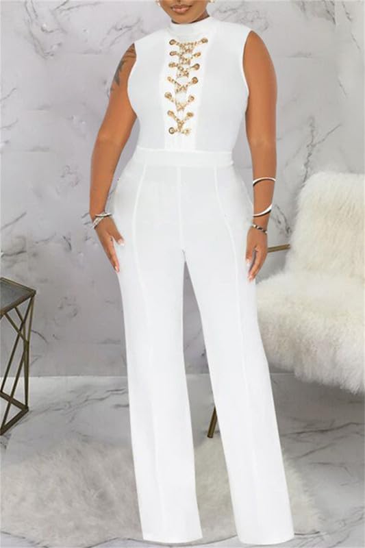 Buzo overol formal de encaje sofisticado con pantalones de pierna ancha blanco XL 2