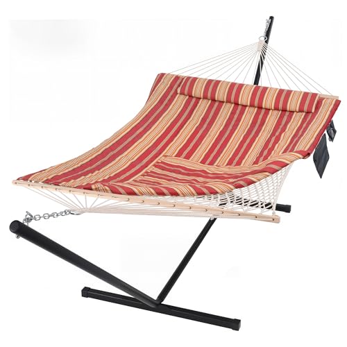 SUNCREAT Hammocks Portable Hammock with Stand, Hammock with Stand 2 Person Heavy Duty for Bedroom, Backyard, Patio, Balcony, Red Stripe
