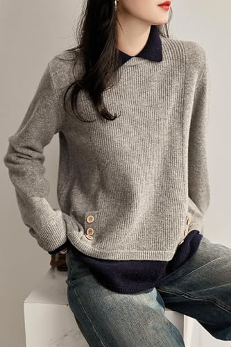 Image of LAI MENG FIVE CATS Women Polo Contrast Collar Knitwear Casual Pullover Top | Patchwork,Long SLeeve,Elegant Sweater,Daliy Work