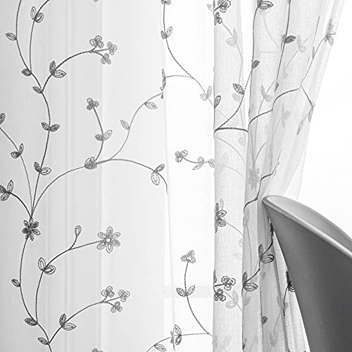 H.ebony Embroidered Grey Sheer Curtains 84 Inches Long For Bedroom, Rod Pocket Floral Embroidery Voile Semi Sheer Curtain Panels For Living Room, 2 Pieces, Grey On White #TOP2