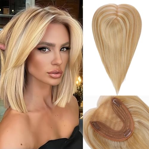 Starluck Hair Topper for Women - 14 Inch Real Human Hair With Bangs, 5"x5.5" Base, Light & Bleach Blonde - Covers Thinning and Grey Hair