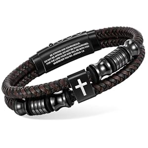 Christian Brown Leather Bracelet for Men – Double-Row Braided Leather Faith Cross Bracelets Bangle Religious Baptism Inspirational Bible Verse Jewelry Gift for Young Men Teenage, Adjustable Wristband