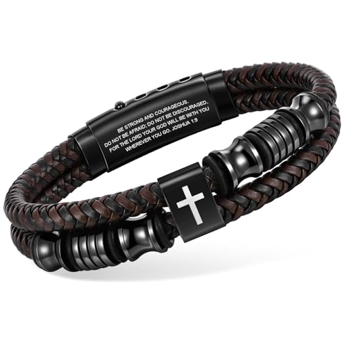 Christian Brown Leather Bracelet for Men - Double-Row Braided Leather Faith Cross Bracelets Bangle Religious Baptism Inspirational Bible Verse Jewelry Gift for Young Men Teenage, Adjustable Wristband