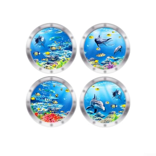 Lot de 4 autocollants muraux 3D motif monde sous-marin pour salle de bain hublot décoration murale pour salle de bain hublot (2)