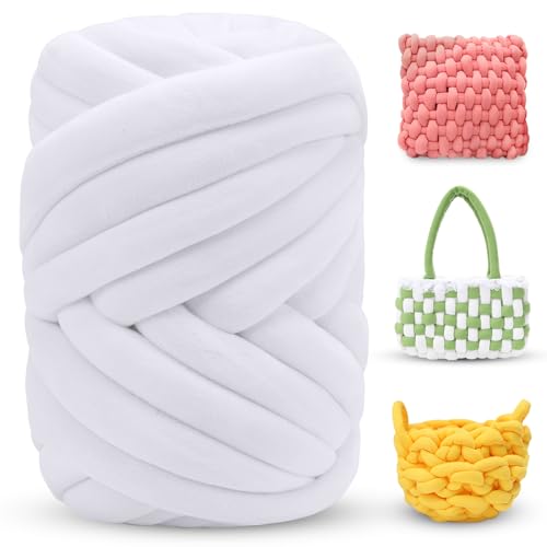 LEREATI Thick Chunky Yarn for Arm Knitting Jumbo Tube Yarn Soft Chunky Knit Blanket Yarn, Velvet Yarn for Crocheting Handbags Hand Knitting Pet Bed Rugs Pillows Crafts (White, 1.1lbs)